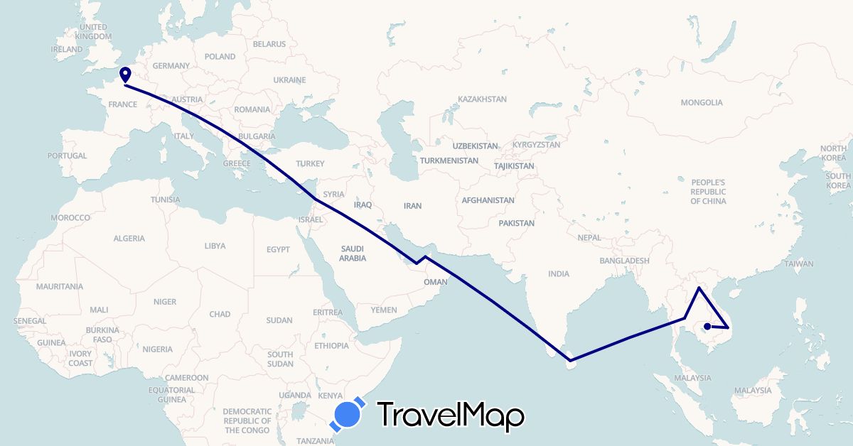 TravelMap itinerary: driving in United Arab Emirates, France, Cambodia, Laos, Lebanon, Sri Lanka, Thailand, Vietnam (Asia, Europe)